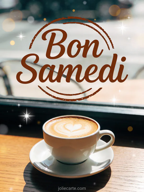 Carte ensoleillé bon samedi café avec cappuccino latte art coeur dans café lumineux matin cosy