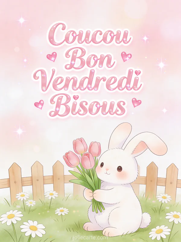 Lapin blanc adorable tenant un bouquet de tulipes roses dans jardin printanier avec texte Coucou Bon Vendredi