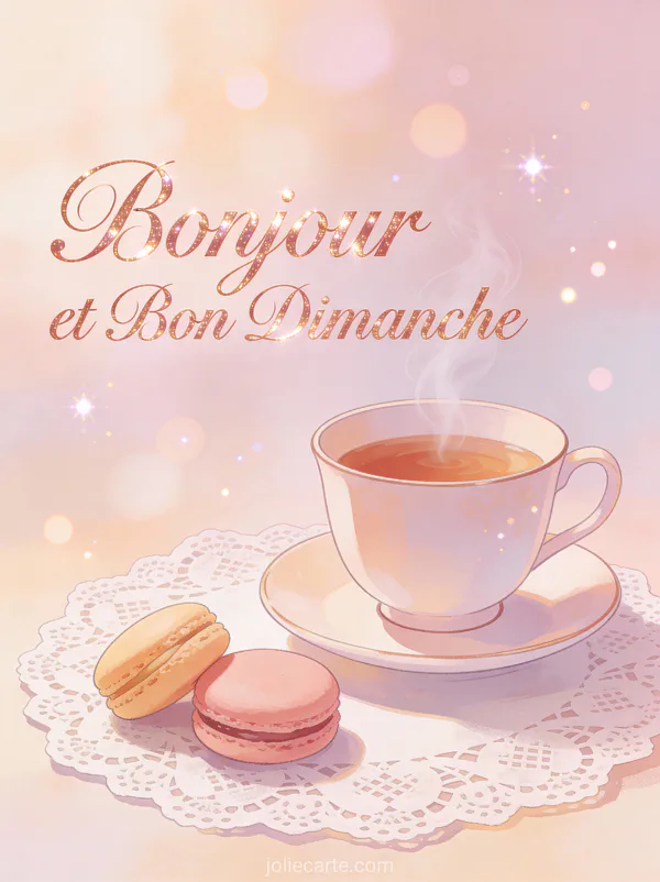 Carte bonjour et bon dimanche avec tasse de thé fumante et macarons sur dentelle