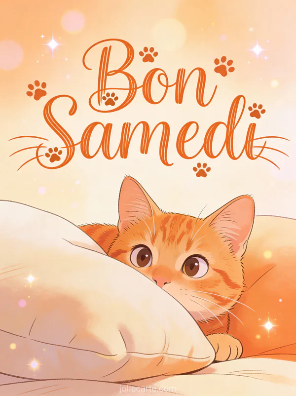 Carte bon samedi chat avec chat tigré roux curieux derrière coussin empreintes pattes scène matinale