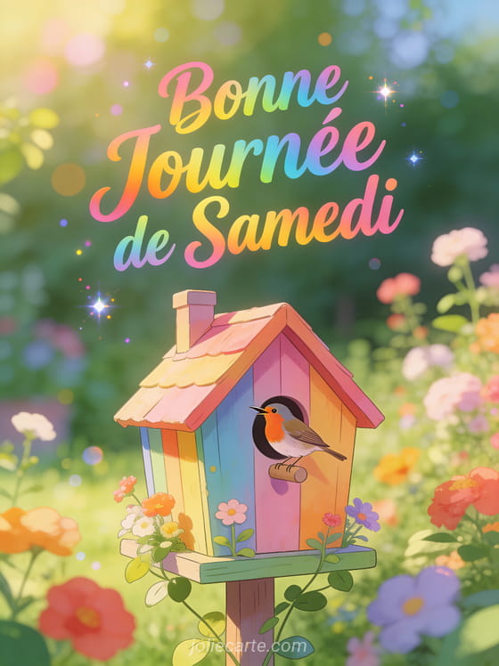 Carte bonne journée de samedi avec maisonnette oiseaux et rouge-gorge chanteur jardin matinal joyeux