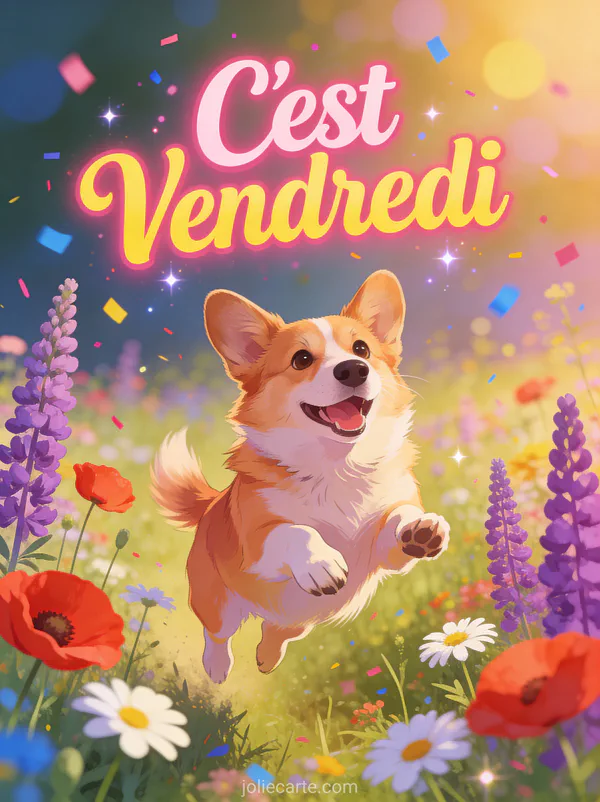 Corgi joyeux bondissant dans un champ de fleurs sauvages colorées avec texte C'est Vendredi festif