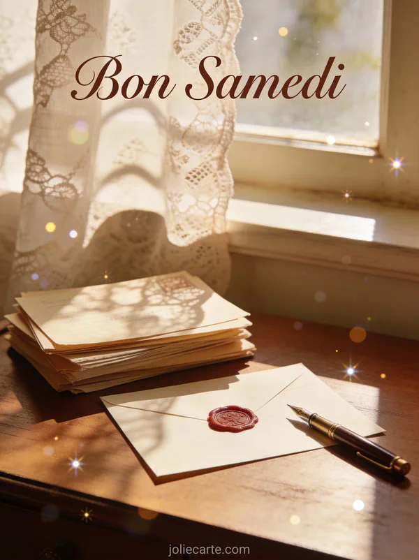 Carte bon samedi avec pile lettres sceau cire et plume bureau scène correspondance nostalgique vintage