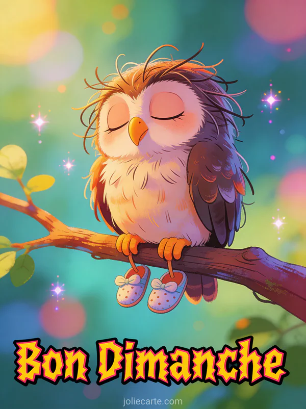 Carte humour bon dimanche avec hibou ébouriffé portant des petits chaussons