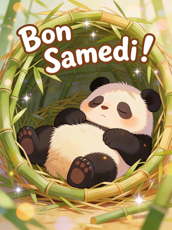 Image bon samedi humour avec panda paresseux refusant se réveiller dans nid bambou scène drôle