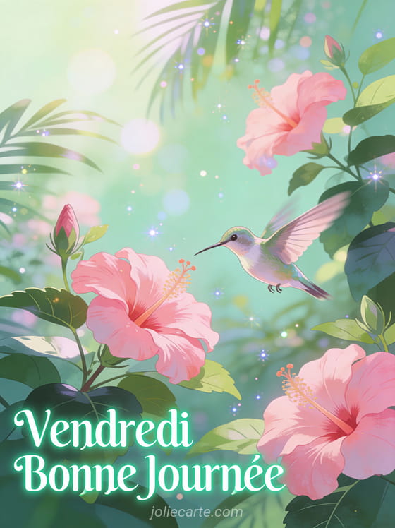 Colibri délicat butinant des fleurs d'hibiscus roses dans jardin tropical avec texte Vendredi Bonne Journée