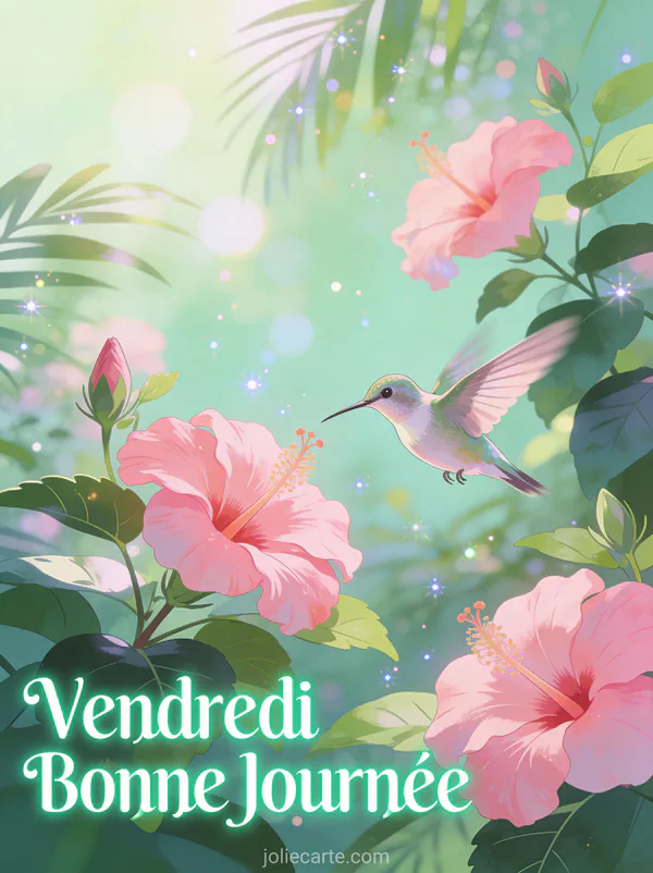 Colibri délicat butinant des fleurs d'hibiscus roses dans jardin tropical avec texte Vendredi Bonne Journée
