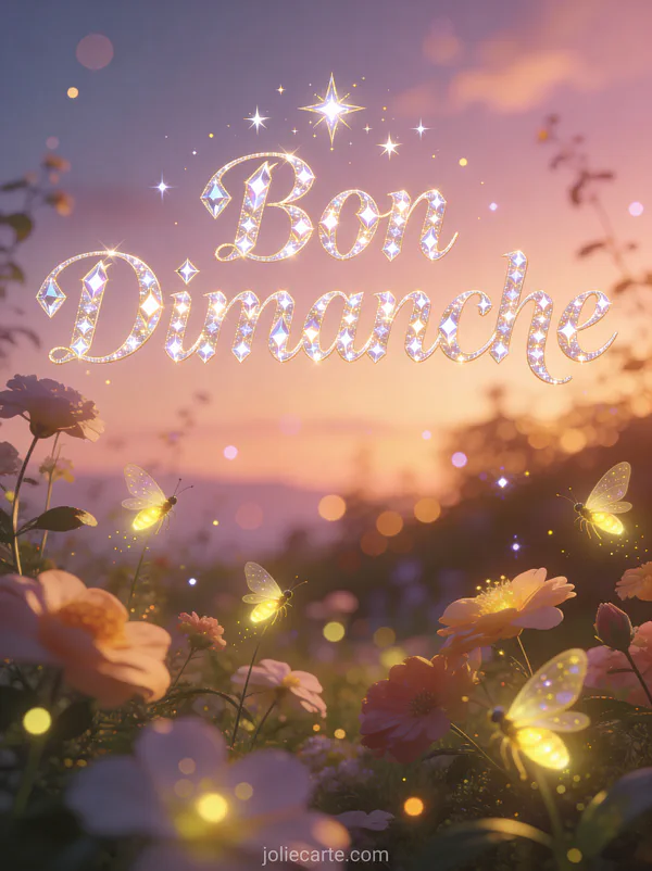 GIF bon dimanche animé scintillant avec jardin enchanté et lucioles brillantes au crépuscule