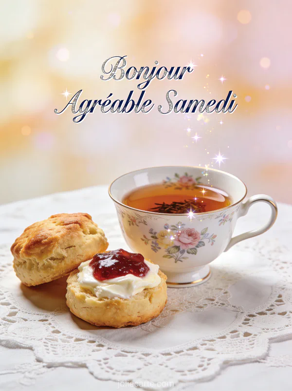 Carte bonjour agréable samedi avec tasse thé porcelaine fine earl grey scones scène tea time british