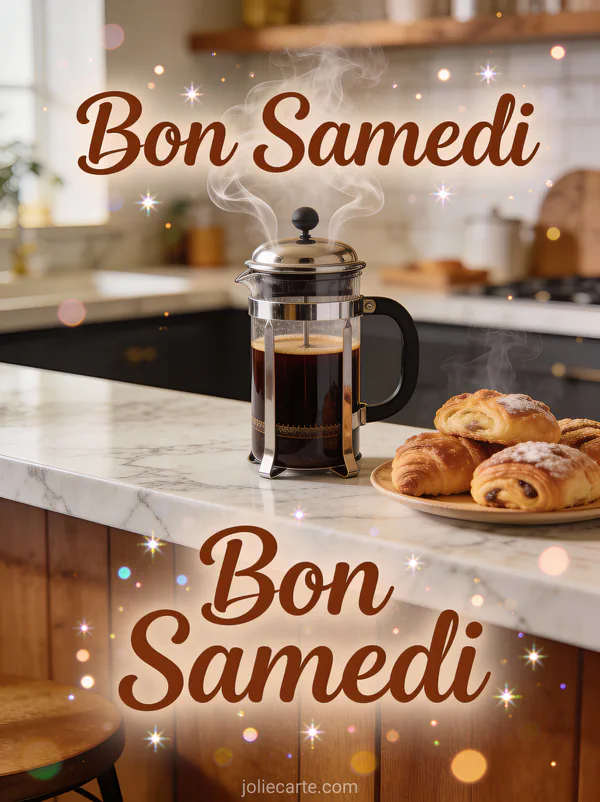 Carte matin bon samedi café avec cafetière French press pâtisseries sur comptoir marbre rituel matinal
