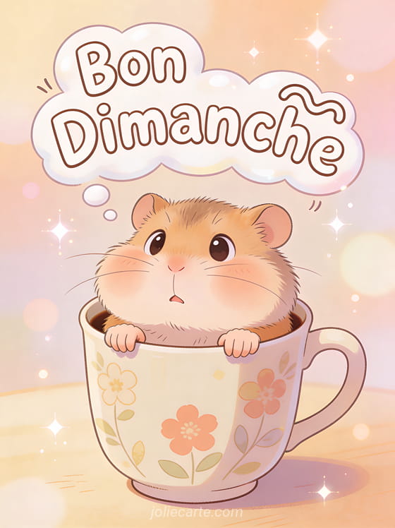 GIF bon dimanche humour avec hamster joufflu coincé dans une tasse de café