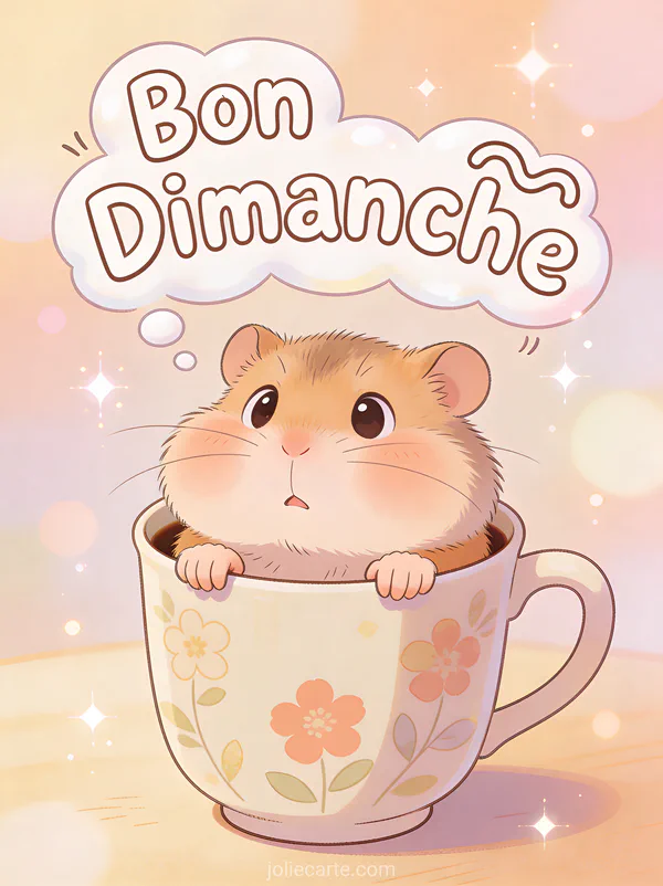 GIF bon dimanche humour avec hamster joufflu coincé dans une tasse de café