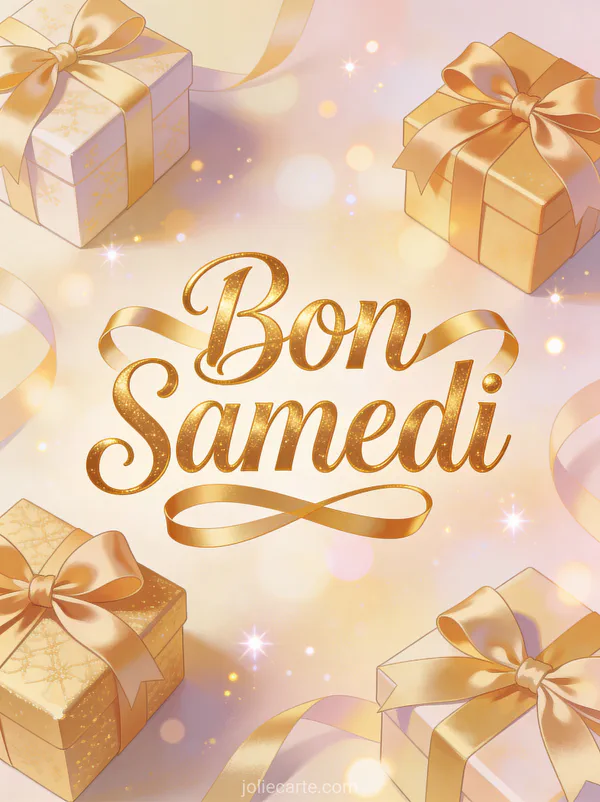 Carte bon samedi et bon week-end avec boîtes cadeaux élégantes noeuds satin scène matinale festive