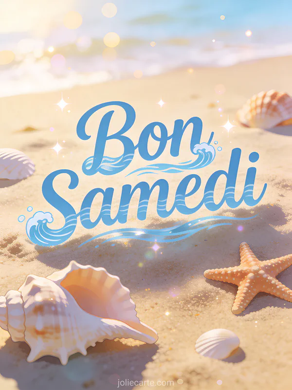 Carte bon samedi bon weekend avec coquillages étoiles de mer sur plage sable fin matin côtier