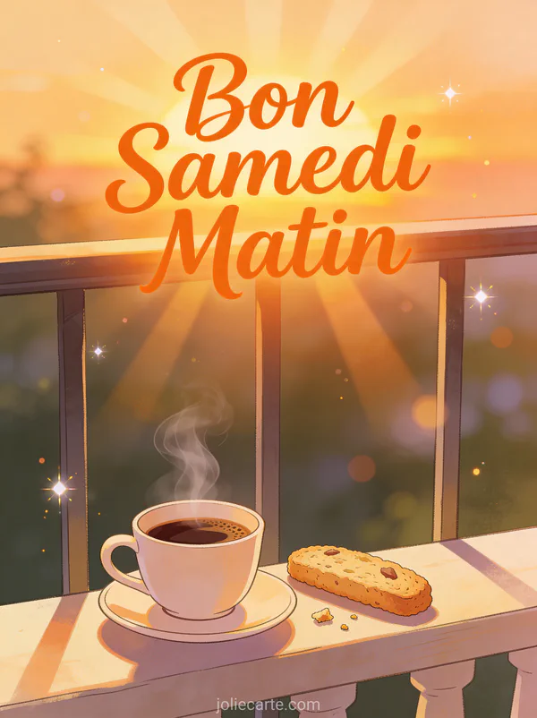Carte bon samedi matin avec espresso fumant biscotti sur balcon lever soleil rituel matinal paisible