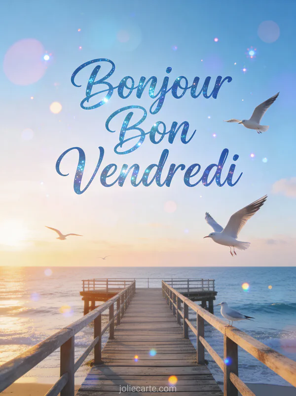 Ponton en bois avec mouettes au lever du soleil sur l'océan avec texte Bonjour Bon Vendredi en bleu