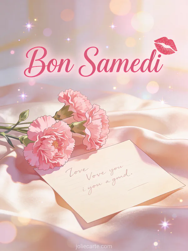 Carte bon samedi bisous avec oeillets roses lettre d'amour sur soie scène matinale romantique tendre