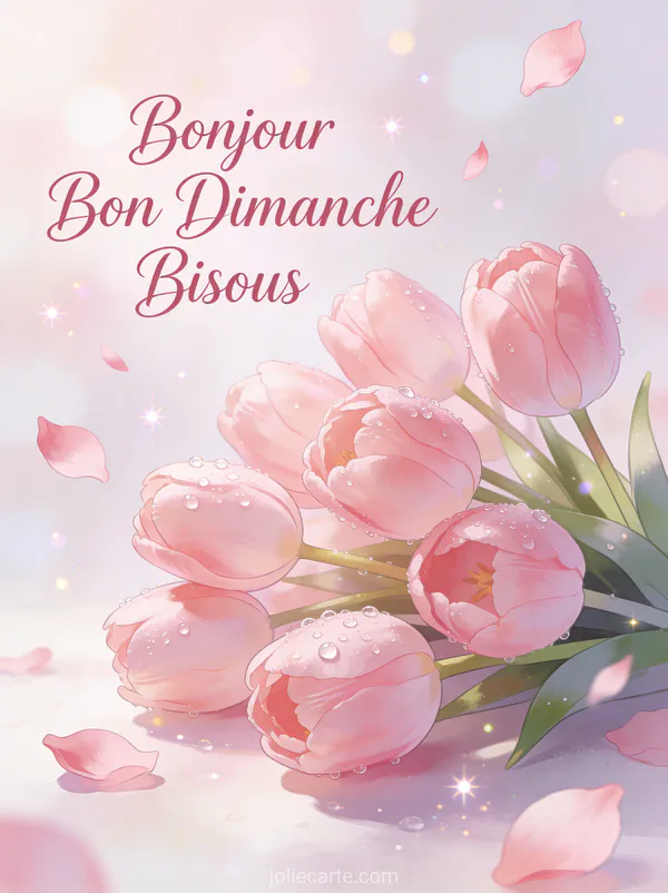 Carte bonjour bon dimanche bisous avec bouquet de tulipes roses et pétales flottants