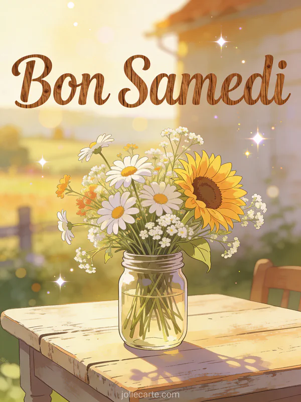 Image gratuite bon samedi avec bocal Mason fleurs sauvages sur table ferme scène matin rural charmant