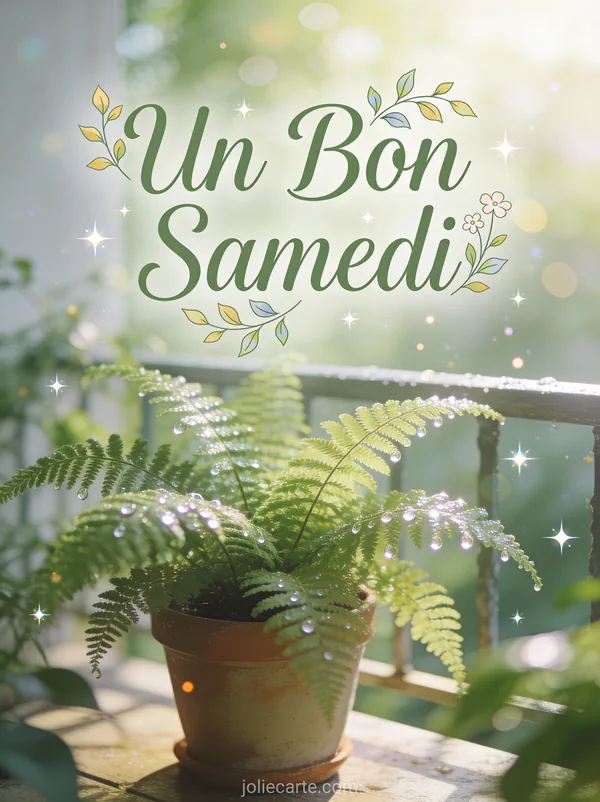 Carte un bon samedi avec fougère en pot gouttes rosée matin sur terrasse scène éveil naturel frais