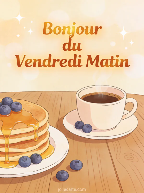 Pancakes moelleux avec sirop d'érable et myrtilles sur table de brunch avec texte Bonjour Vendredi