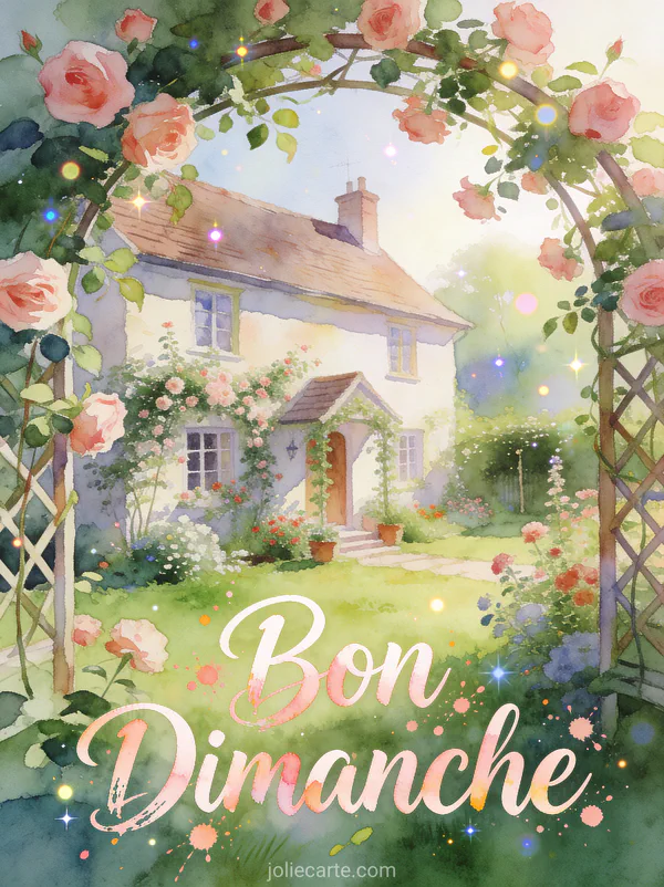 Jolie image dimanche bonjour avec cottage anglais et roses grimpantes style aquarelle
