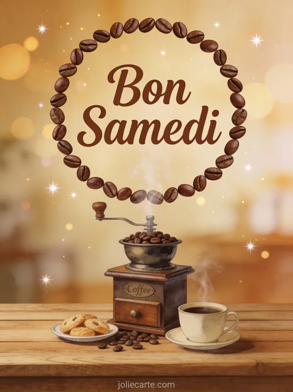 Carte cafe bon samedi avec moulin à café vintage et grains frais scène rituel matinal aromatique