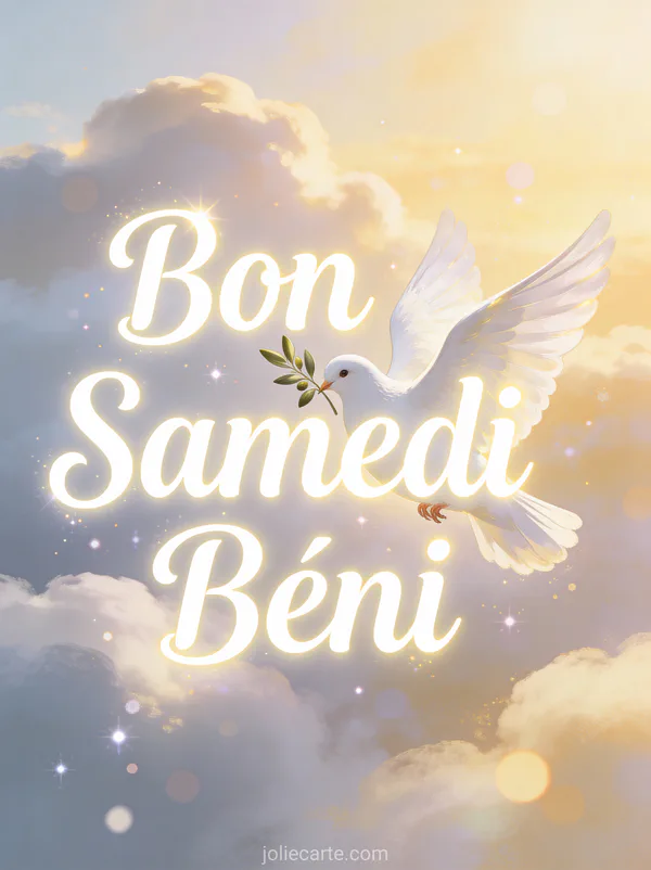 Carte bon samedi béni avec colombe blanche rameau olivier nuages doux scène matin béni paisible
