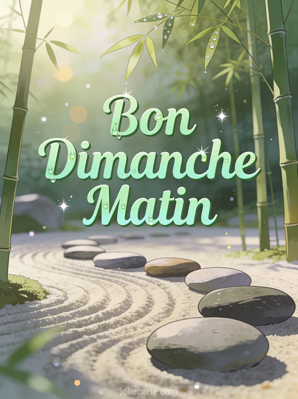 Carte bon dimanche matin avec jardin zen, galets lisses et bambous dans la rosée