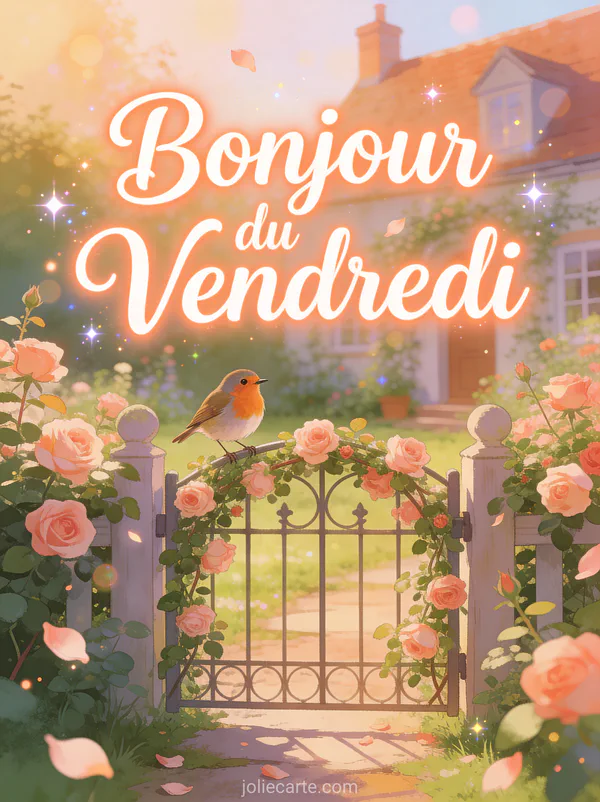Rouge-gorge sur portail de jardin avec roses grimpantes dans cottage anglais avec texte Bonjour du Vendredi
