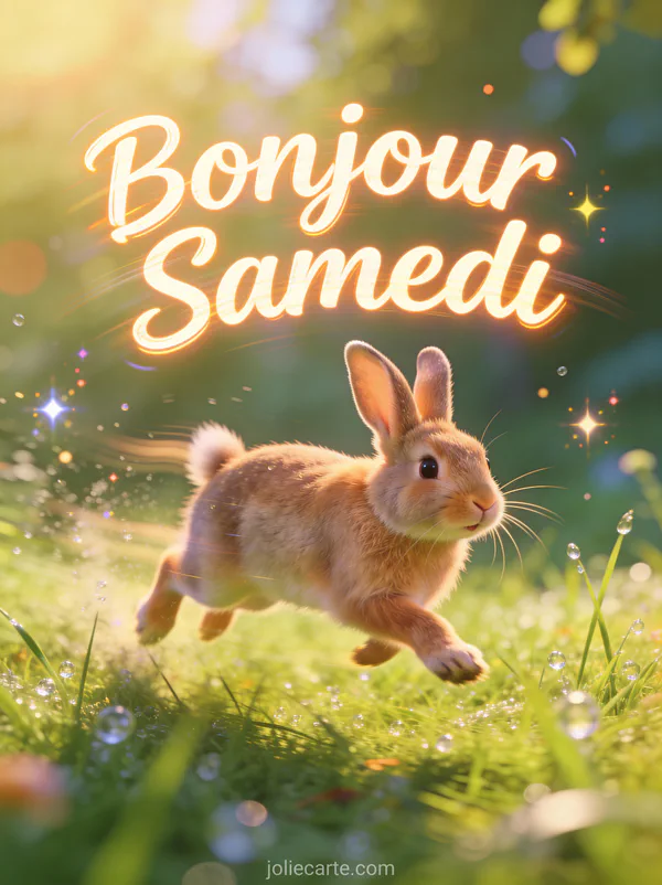 Gif bonjour samedi avec lapin joueur bondissant dans herbe rosée scène matinale énergique animée