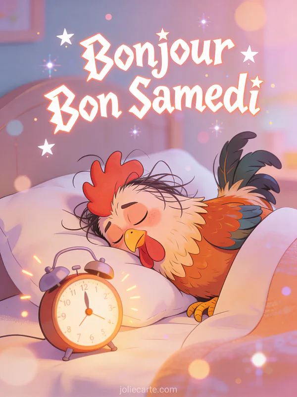 Carte bonjour bon samedi humour avec coq confus endormi réveil qui sonne scène grasse matinée comique
