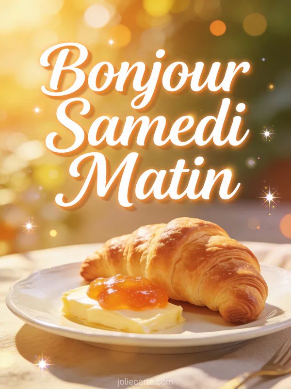 Carte bonjour samedi matin avec croissant frais beurre confiture abricot scène petit-déjeuner français