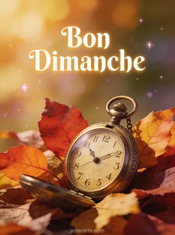 Carte citations bon dimanche avec montre à gousset antique sur feuilles d'automne dorées