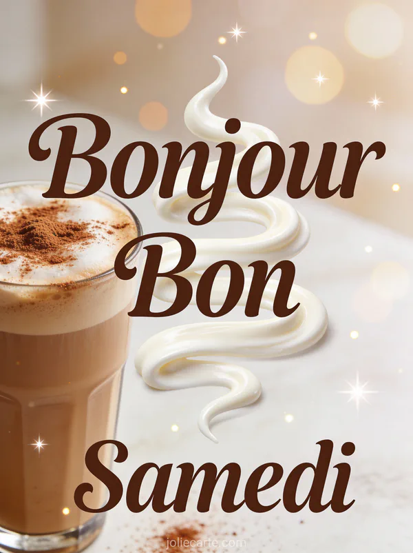 Carte bonjour bon samedi café avec macchiato verre haut cannelle scène café matinal sophistiquée