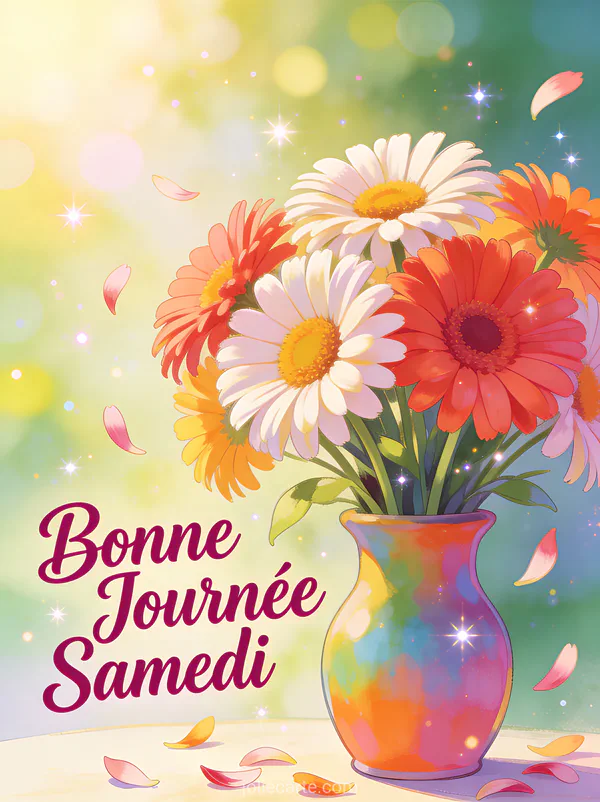 Carte bonne journée samedi avec bouquet gerberas multicolores vase coloré scène matinale joyeuse lumineuse
