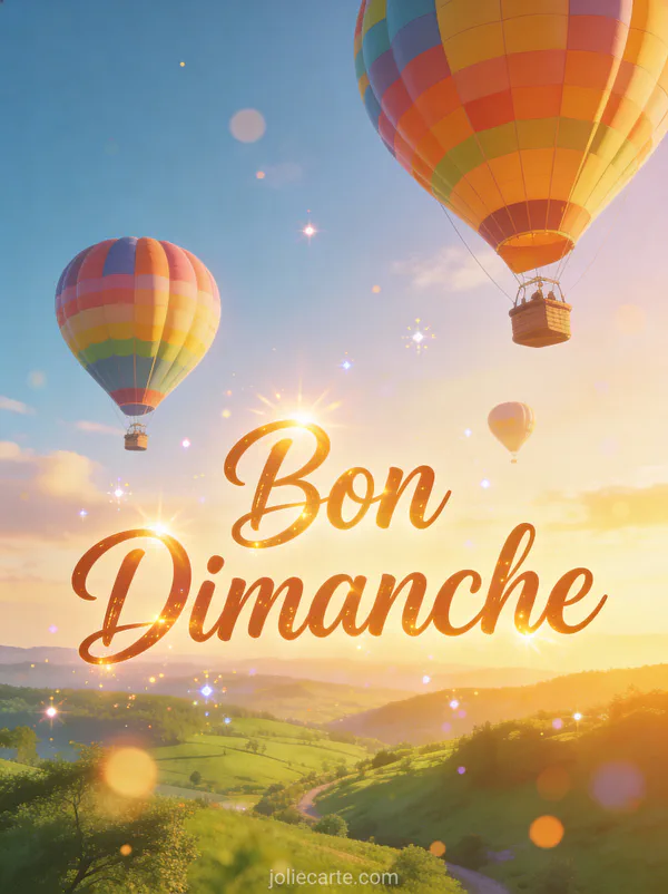 Carte souhaiter un bon dimanche avec montgolfières colorées au-dessus d'une vallée verte