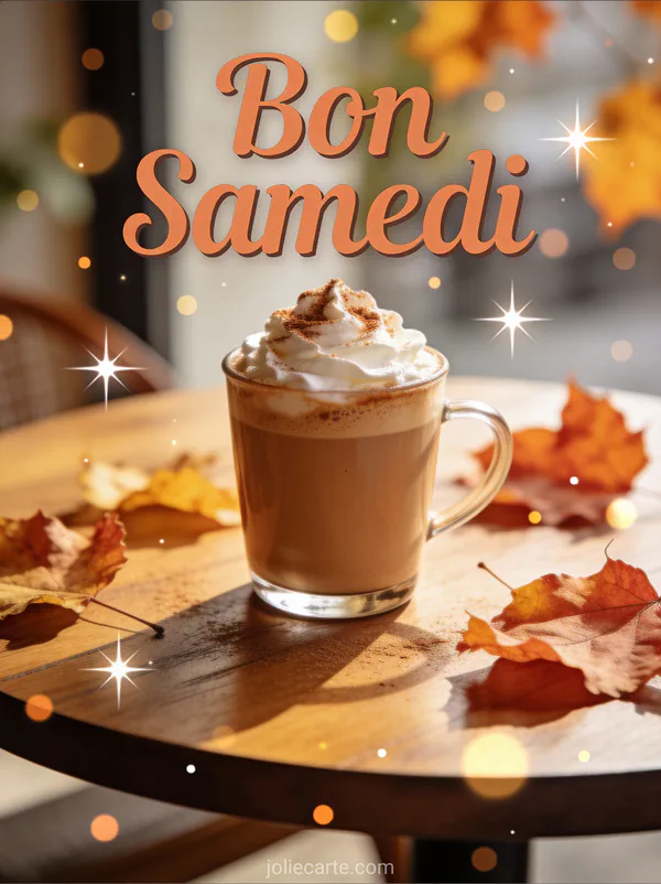 Image bon samedi et bon week-end avec pumpkin spice latte crème fouettée feuilles automne scène cosy