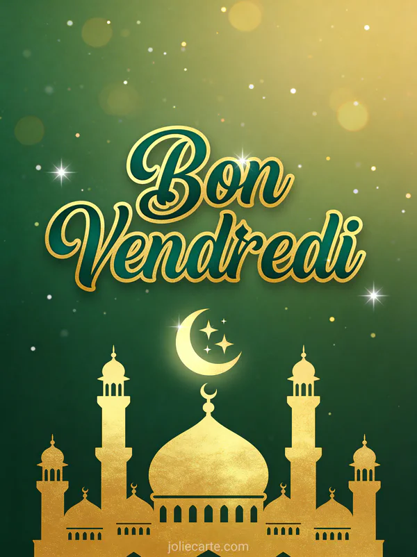 Croissant de lune et étoiles au-dessus de silhouette de mosquée avec texte Bon Vendredi en calligraphie