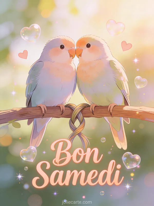 Image bon samedi bisous avec deux inséparables partageant perchoir scène matinale douce affectueuse