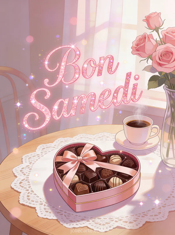 Carte bon samedi bon week-end bisous avec boîte chocolats coeur ruban scène matin week-end romantique