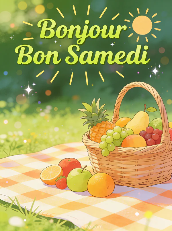 Carte bonjour bon samedi et bon week-end avec panier pique-nique fruits couverture carreaux scène extérieur