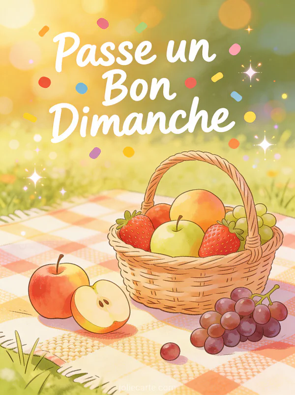 Carte passe un bon dimanche avec panier de pique-nique et fruits sur couverture de prairie