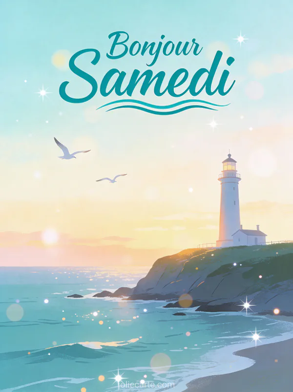 Carte paysage bonjour samedi avec phare à l'aube mouettes en vol paysage côtier paisible serein