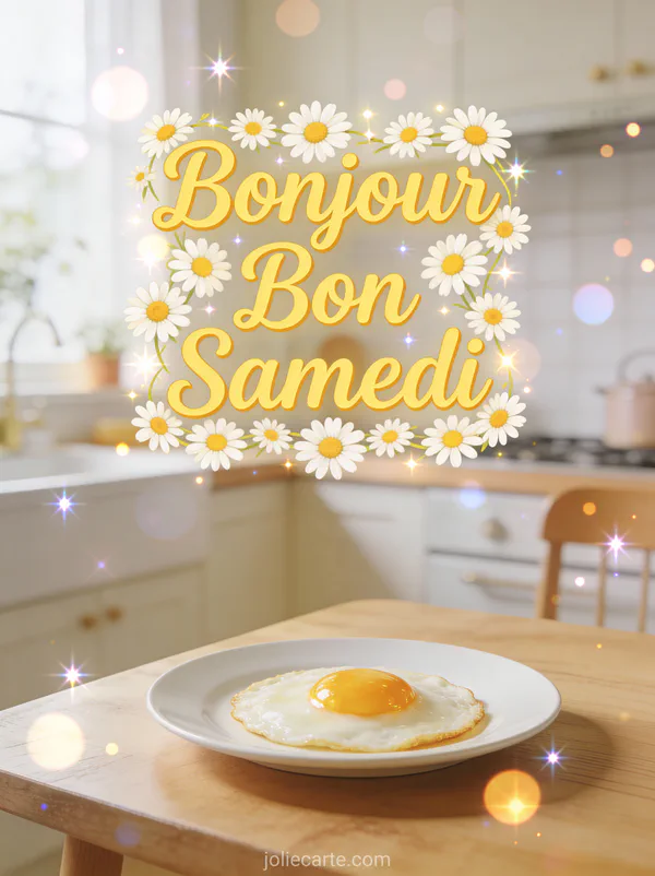 Carte bonjour bon samedi bonne journée avec coin petit-déjeuner oeufs plat marguerites cuisine joyeuse