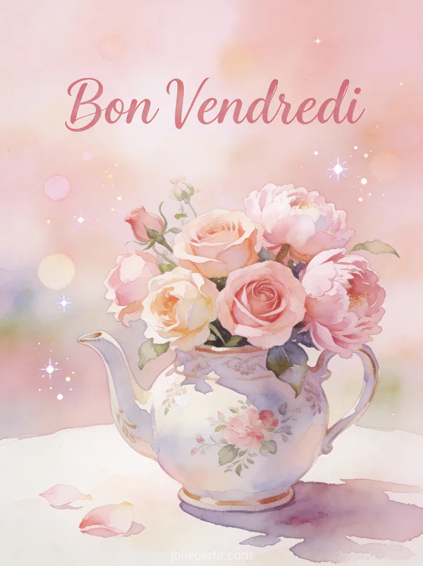 Roses et pivoines pastel dans théière en porcelaine vintage avec texte Bon Vendredi en aquarelle