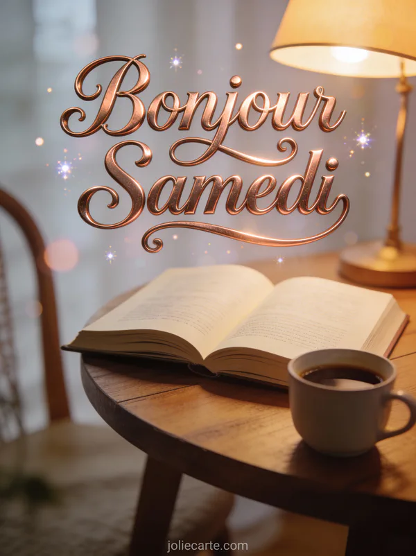 Carte citation bonjour samedi avec livre ouvert café lampe lecture scène matin week-end pensif réfléchi