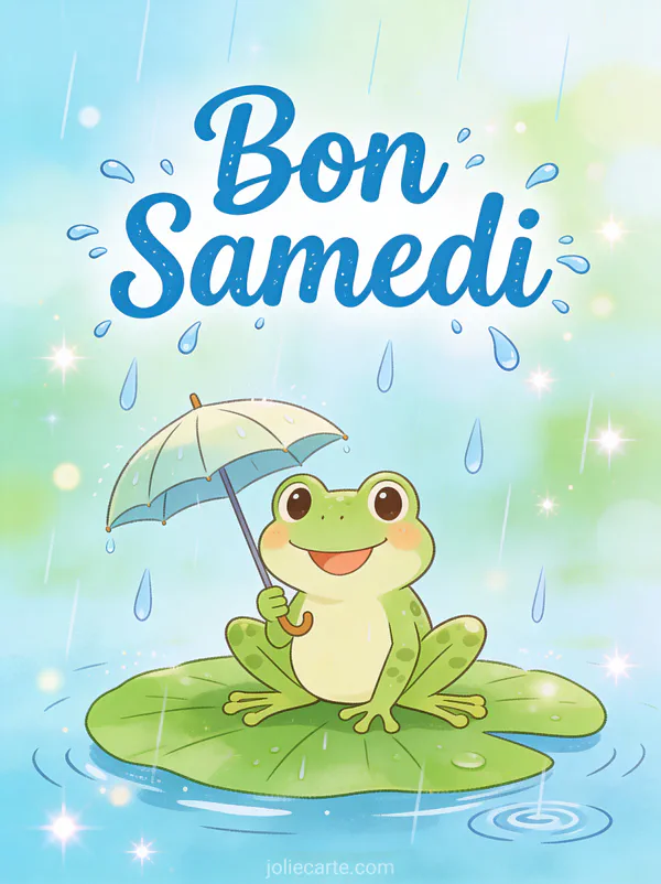 Carte bon samedi sous la pluie humour avec grenouille joyeuse parapluie nénuphar scène jour pluie comique