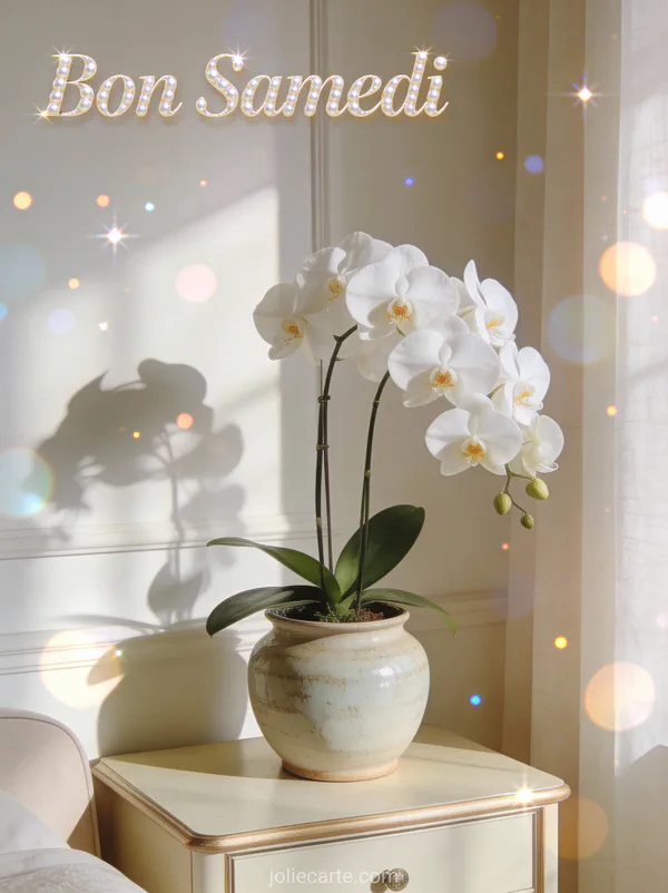 Belles images samedi bon week end avec orchidées blanches pot céramique table appoint scène sophistiquée