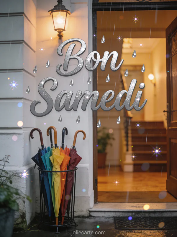 Carte bon samedi pluie avec porte-parapluies parapluies colorés gouttes pluie scène entrée cosy